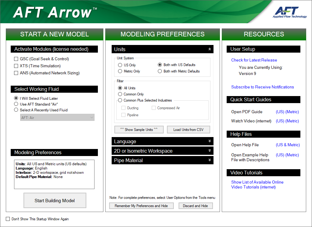 The Startup Window in AFT Arrow showing the modeling preferences.